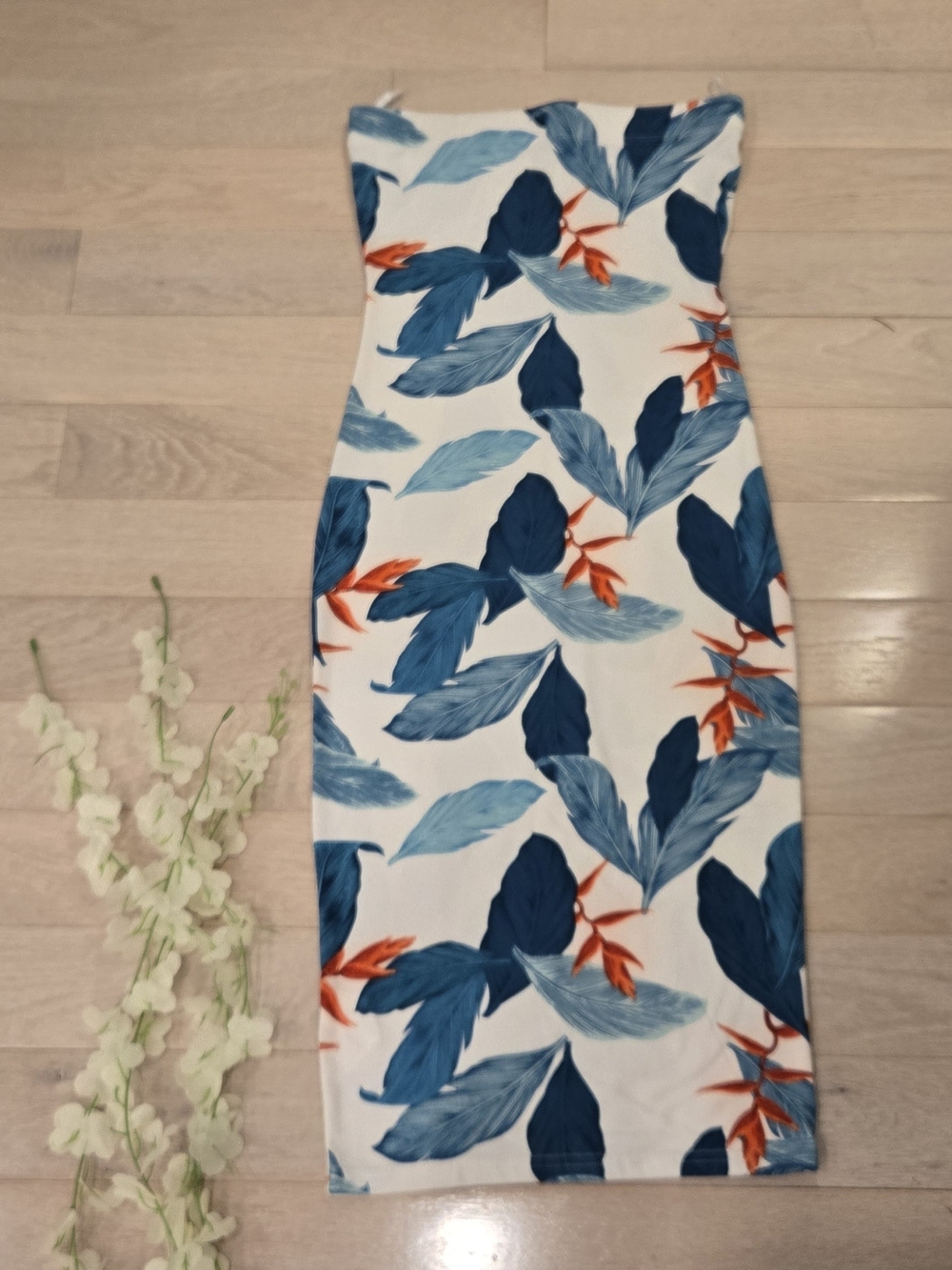Strapless Tropical Leaf-Print Bodycon Dress - Blue & Orange